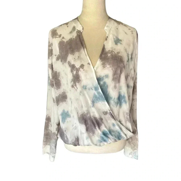 Splendid Tie Dye Long Sleeve Blue Lavender Gray Crossover Blouse Women Top Sz S - Picture 3 of 8